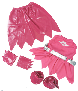 Cute pink bat girl outfir complete with cape, wrist guards and boots