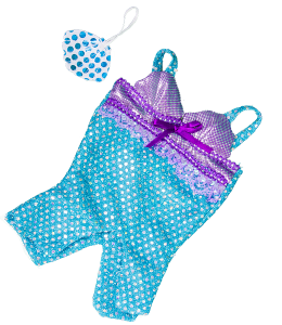 blue glittery mermaid costume with purple accents and a cute little seashell purse