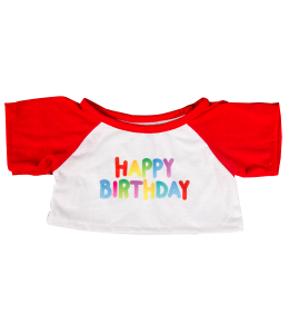 Raglan T-shirt with red sleeves and white middle, with Happy Birthday wording in all colors