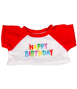 Raglan T-shirt with red sleeves and white middle, with Happy Birthday wording in all colors