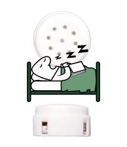 white sound module with a sleeping man on the bed graphic