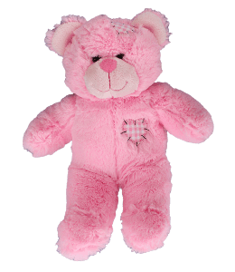 Adorable small size soft pink plush Pink Patches teddy bear with a heart shaped patch on its head, tummy and one foot