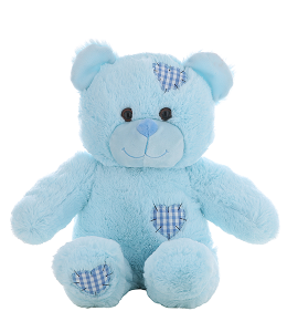 An adorable baby blue patches fluffy teddy bear with a heart shaped patch on its head, tummy and one foot