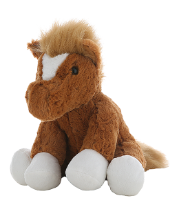 Cute chestnut colored horse with white accents and fluffy detailing