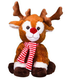 cute fluffy reindeer with a red and white striped scarf