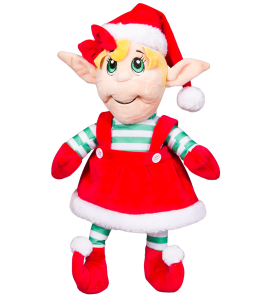 a girl elf in a cute red outfit with a shirt to match in green and white stripes