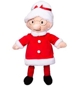 Mrs Claus has a fabulous red outfit and a red bow in her snowwhite hair a pair of golden spectacles on her eyes