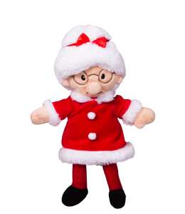Mrs Claus has a fabulous red outfit and a red bow in her snowwhite hair a pair of golden spectacles on her eyes