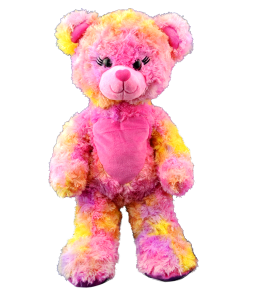 Colorful furry teddy bear in bright pink and yellow colors