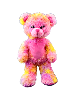 Colorful furry teddy bear in bright pink and yellow colors