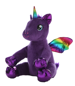 Unicorn with deep purple fur, embroidered eyes, metallic rainbow wings and horn and metallic purple accents