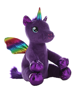 Unicorn with deep purple fur, embroidered eyes, metallic rainbow wings and horn and metallic purple accents