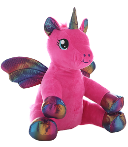 Unicorn with hot pink fur, cool embroidered eyes, and rainbow metallic wings and horn