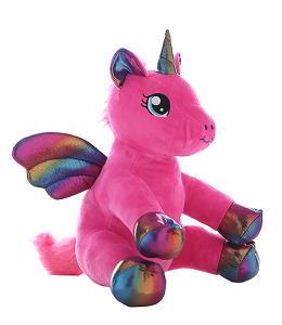 Unicorn with hot pink fur, cool embroidered eyes, and rainbow metallic wings and horn