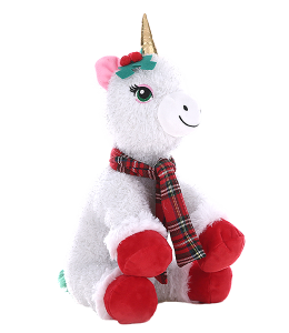White unicorn with christmas themed accessories and cute embroidered eyes!