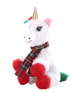 White unicorn with christmas themed accessories and cute embroidered eyes!