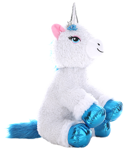 Cute white unicorn with blue accents, metallic textured hooves and embroidered eyes