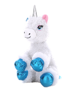 Cute white unicorn with blue accents, metallic textured hooves and embroidered eyes