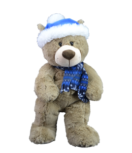 Cute teddy bear in a blue hat and plaid blue scarf