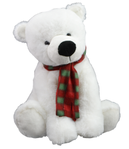 Beautiful polar teddy bear with soft fur and cute green and red scarf
