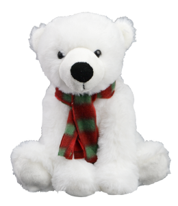 Beautiful polar teddy bear with soft fur and cute green and red scarf