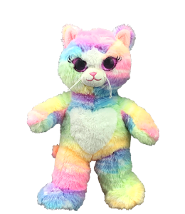 Soft cat in vibrant colors, heart shaped tummy and sparkly purple eyes