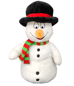 friendly snowman with a green and red scarf and a top hat with a red ribbon