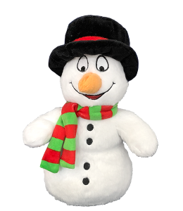 friendly snowman with a green and red scarf and a top hat with a red ribbon