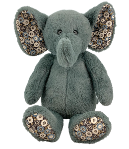 cute short fured elephant in bluish gray with floral accents in his ears and feet