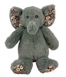 cute short fured elephant in bluish gray with floral accents in his ears and feet