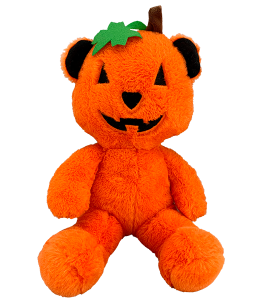 Super cute orange pumpkin style Halloween bear with a green patch on its head
