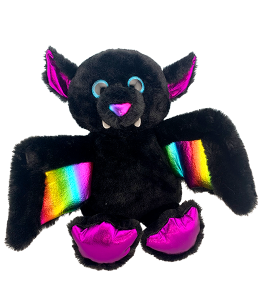 super adorable bat in black fur with shiny metallic accents and cute small fangs