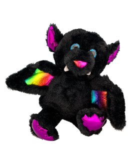 super adorable bat in black fur with shiny metallic accents and cute small fangs