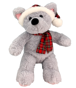 adorable festive mouse with soft grey fur, red scarf and a christmas hat to match