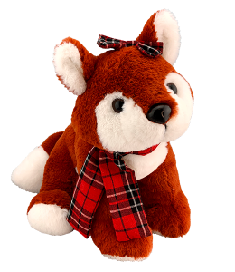 cute festive fox with a plaid scarf and a cutesy bow on its head