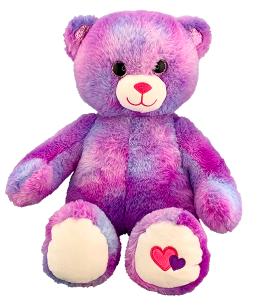 beautiful pink and purple teddy bear with glittering pink eyes and two cute hearts embroidered on one of its feet