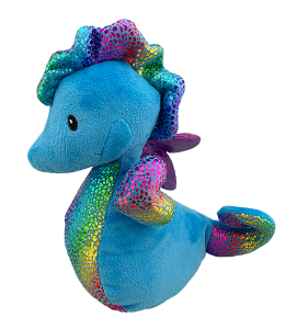 Soft blue colored seahorse with rainbow metallic accents