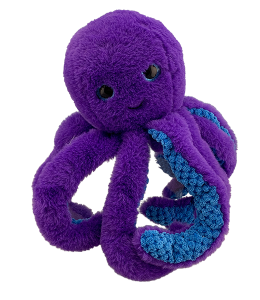 super friendly smiling purple octopus with superb fabric tentacles and sparkly eyes