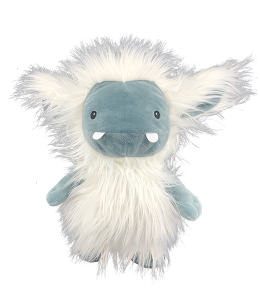 Adorable yeti with long white fur and light grey face and arms