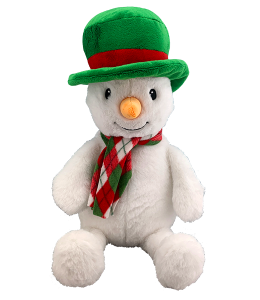 Snowman in a green top hat with red ribbon and a checkered red and green scarf