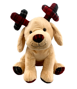 adorable christmas puppy with beige fur and christmas themed antlers and nose