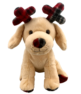adorable christmas puppy with beige fur and christmas themed antlers and nose