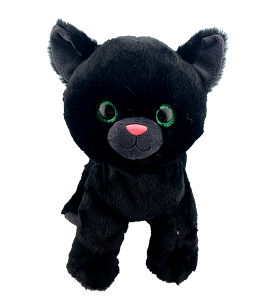 charcoal black fur cat with deepest emerald green eyes and a pink nose