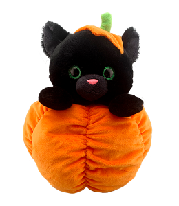 jet black cat with deep emerald green eyes peeking from a pumpkin