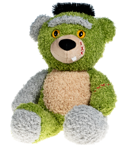 Adorable monster bear in green and grey colors with yellow cat like eyes and red stitching accents
