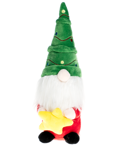 adorable holiday gnome with long green hat, a beard Santa would be jealous of and with a yellow star in his palms