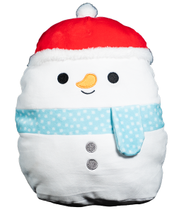 Adorable snowman squishie with a red hat and a chilly blue scarf