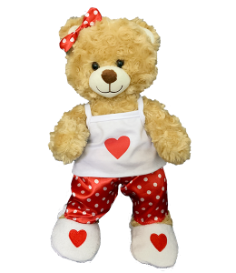 PJ set with white shirt, red pants, white slippers and a cutesy bowtie, all with hearts!