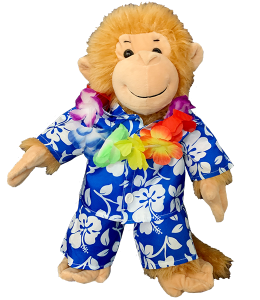 Blue Floral outfit with a colorful hawaiian lei on a cute orange monkey