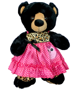 Pink dress with white polka dots and cutesy owl on it with leopard print top and pants on a friendly black bear